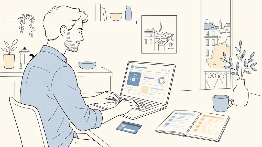 French office worker at a kitchen table using a laptop with an abstract secure account dashboard, health insurance card beside the keyboard, notebook divided into two color-coded comparison columns, no readable text, no logo