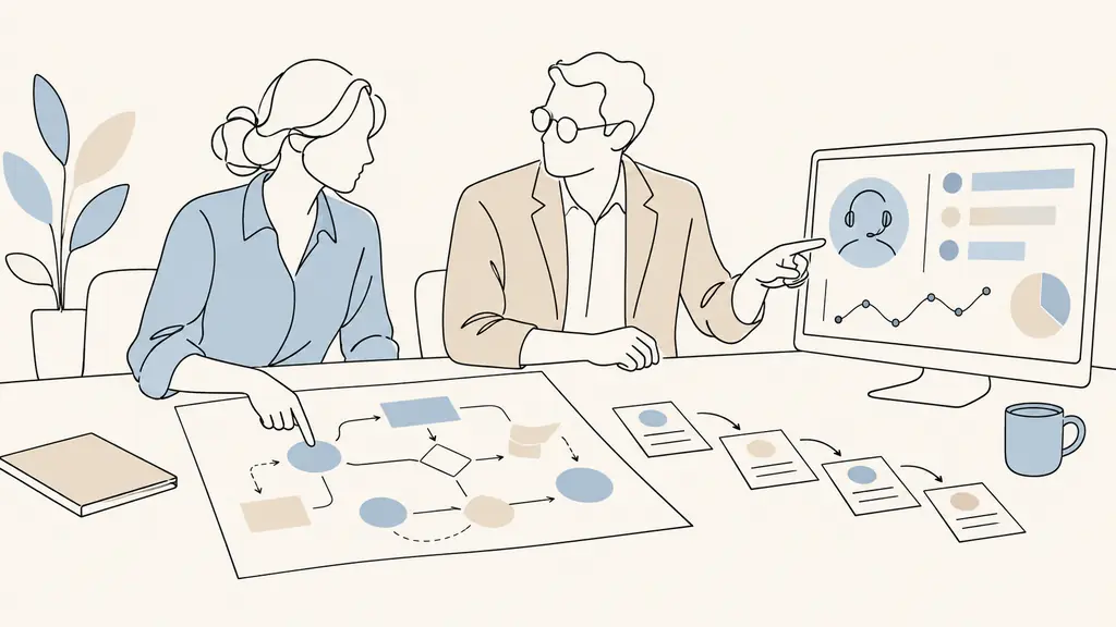 Editorial photograph of an operations manager and an external service provider reviewing a paper process map beside a customer support dashboard, with responsibility notes arranged on the table, no visible text or logos