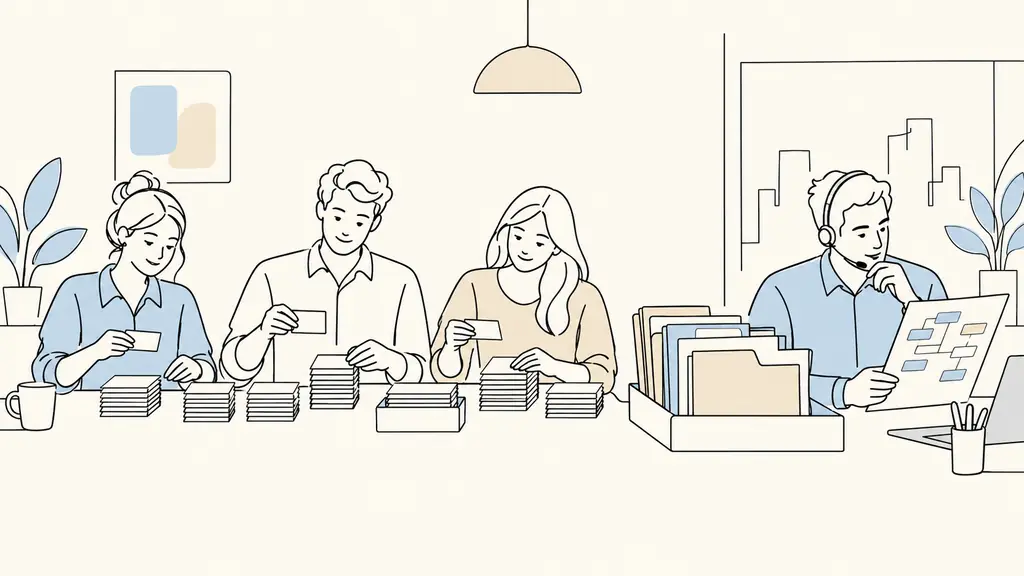 Editorial photograph of a small business administrative team sorting repetitive customer requests while a BPO specialist reviews a structured workflow sheet, with complex client files kept separately, no visible text or logos