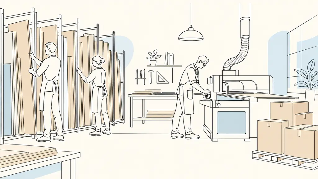 employees in a small furniture workshop checking stored wood panels and adjusting a production machine beside prepared delivery boxes