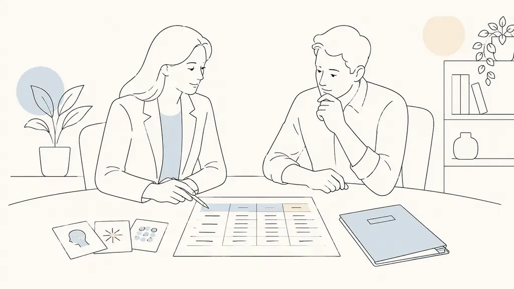 Editorial photograph of a career consultant and a client comparing a printed pricing table beside psychometric test cards and a closed synthesis folder, bright professional office, no readable text, no logo