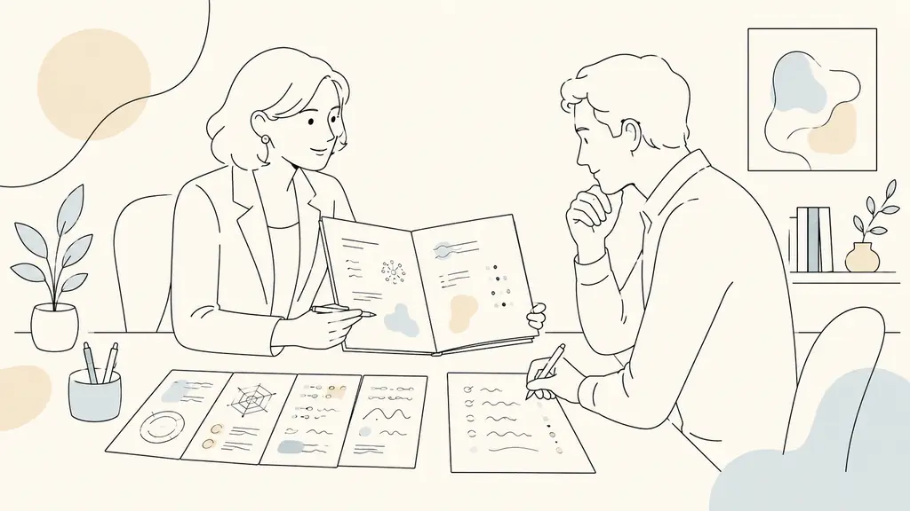 Editorial photograph of a career consultant reviewing a confidential synthesis folder with a client, psychometric questionnaire cards and a handwritten action plan on the desk, bright professional office, no readable text, no logo