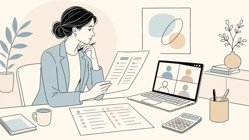 professional woman comparing a printed training quote and a laptop videoconference offer at a desk, with a calculator and handwritten columns for duration and price, editorial photography, no text, no logo