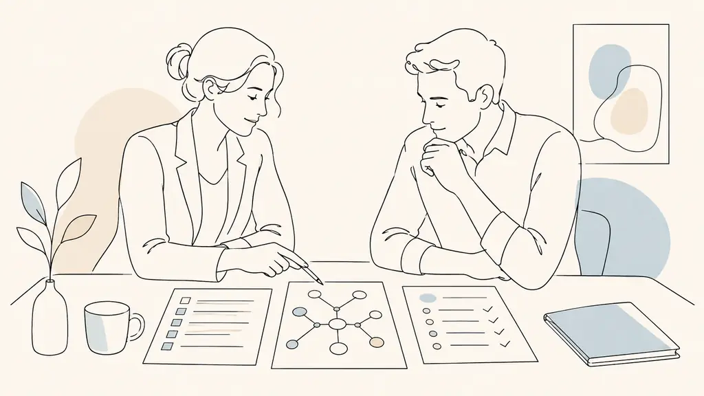 career consultant and client reviewing a skills assessment questionnaire, a career options map and a printed action plan during an individual meeting, editorial photography, no text, no logo
