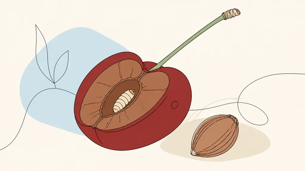 Editorial close-up photograph of a ripe cherry cut open beside its stone, showing a small cream-colored larva in softened brownish pulp and a tiny puncture mark on the red skin, natural garden light, no text, no logo