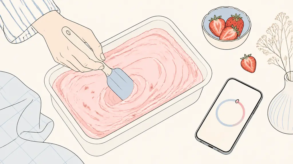 Overhead editorial food photograph of a hand stirring pale pink strawberry ice cream in a wide freezer container, with a silicone spatula, halved fresh strawberries and a smartphone timer showing one hour nearby, natural kitchen light, no text, no logo