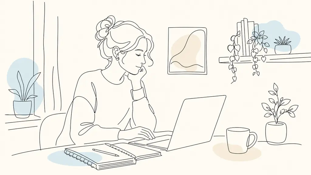 editorial documentary photo of an adult reading reliable mental health information on a laptop at home, calm daylight, notebooks and coffee on table, realistic, no text, no logo