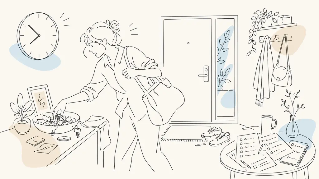 Editorial photograph of an adult at a home entryway searching beside a cluttered key bowl, wall clock showing they are late, handwritten reminder lists left unchecked on a nearby table, natural morning light, no text, no logo