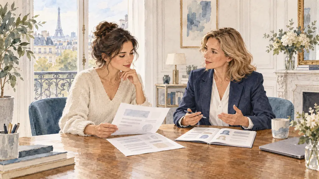 Woman in a calm Paris office reviewing a coaching contract and professional directory while speaking with a coach across a wooden table, editorial photography, no text, no logo