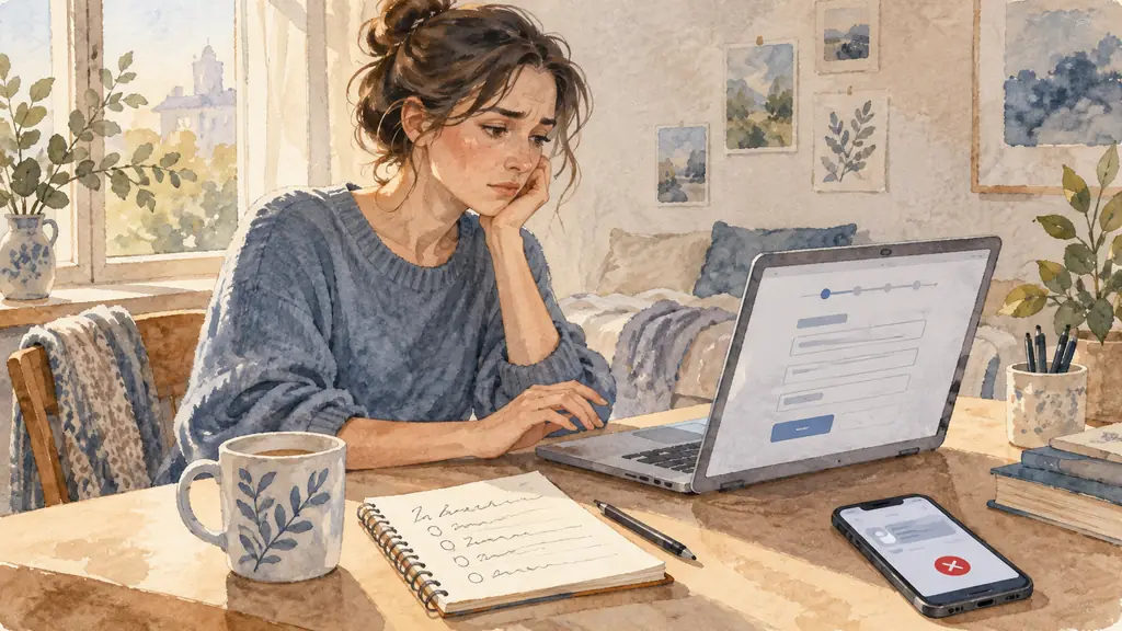 Editorial photograph of a woman at a desk hesitating over a job application on her laptop, a handwritten to-do list beside her, and a declined invitation message visible on her phone, natural window light, no text or logo