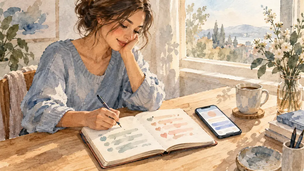 Editorial photograph of a woman writing completed projects and received compliments in a divided notebook page, her phone open beside it, warm natural light, no text or logo