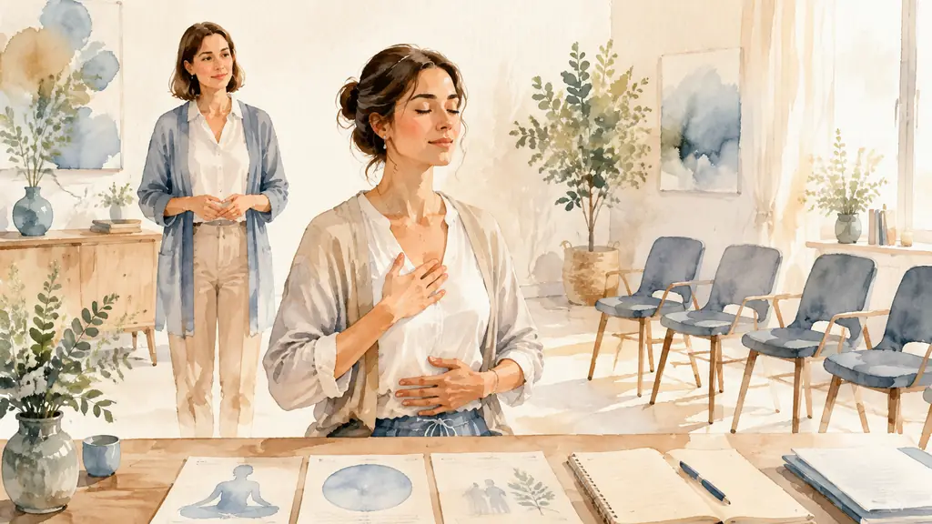Female sophrology trainee guiding a controlled breathing exercise beside protocol worksheets, with an instructor observing and empty chairs arranged for a group session