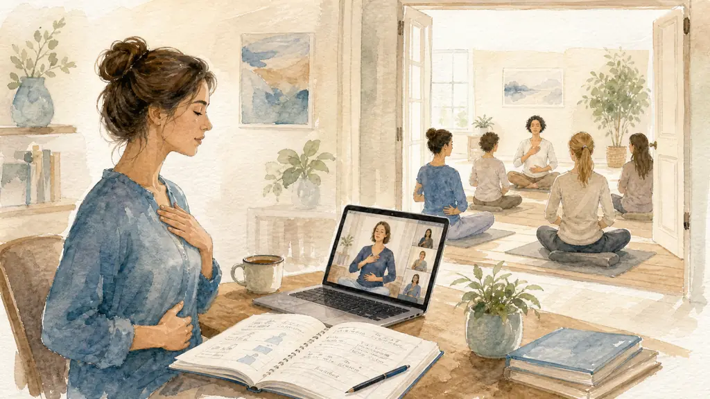 Sophrology trainee attending a live video class at a laptop, practicing controlled breathing beside an open workbook, with a small in-person practice group visible in the adjoining studio