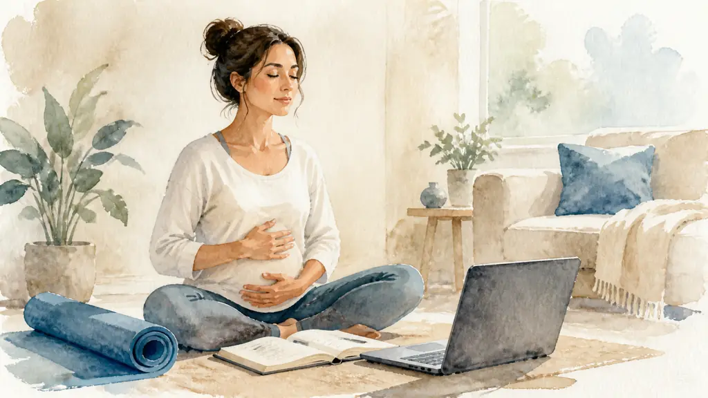Editorial photograph of a woman seated at a laptop during a live video class, practicing controlled breathing with one hand on her abdomen, an open notebook and a yoga mat beside her, no text, no logo