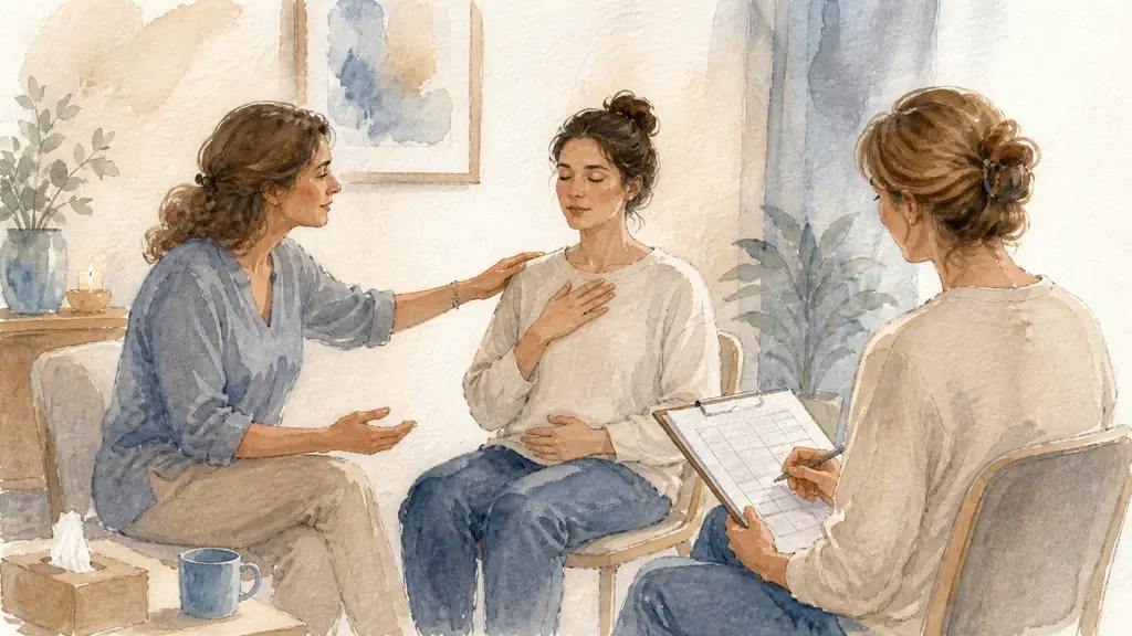 Editorial photograph of three women practicing a sophrology role-play in a small training room, one guiding a seated participant while another takes notes on an observation grid, no text, no logo