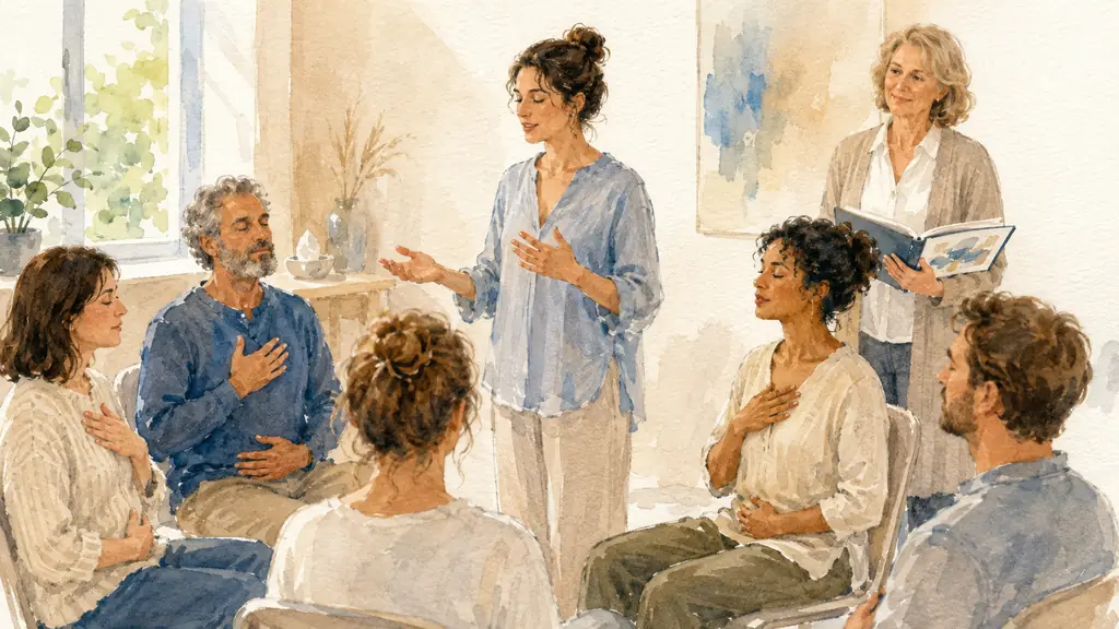 A trainee sophrologist guiding a small seated group through controlled breathing while a trainer observes with an open protocol notebook, warm natural light, realistic editorial photography, no text, no logo