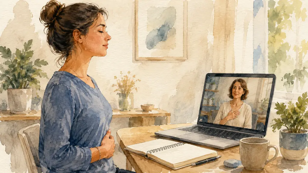 A woman practicing controlled breathing beside an open notebook during a live virtual sophrology class, her laptop camera framing her seated posture while a tutor observes, warm realistic editorial photography, no text, no logo