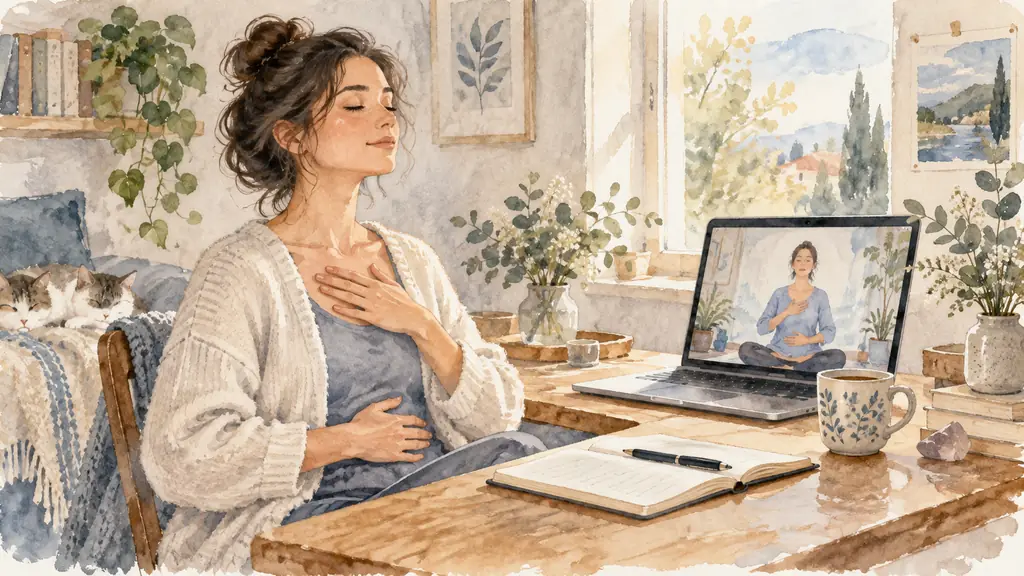 Editorial photograph of a woman attending a live sophrology class on a laptop, practicing a breathing exercise beside an open notebook, in a quiet home workspace, no text or logo