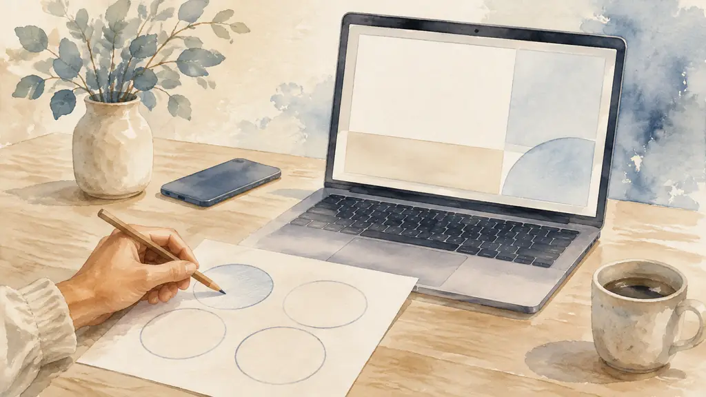 Editorial photograph of a printed four-circle worksheet being filled in with a pencil beside an open laptop displaying a clean editable canvas, smartphone placed face down, no visible text or logo