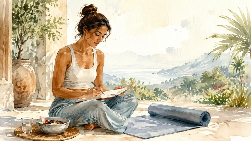 Woman writing in a journal beside a yoga mat after an outdoor morning practice, with a quiet breakfast bowl nearby, warm natural editorial photography, no text, no logo