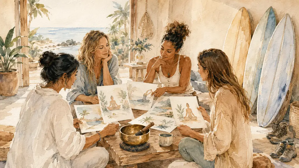 Small group of women comparing a yoga retreat program beside surfboards and hiking shoes, with a singing bowl on the table, warm editorial photography, no text, no logo
