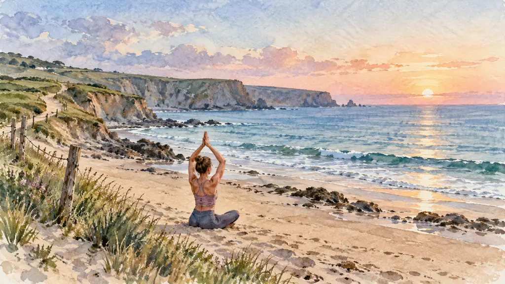 Woman practicing yoga on the beach at Pentrez at dawn, coastal footpath and Atlantic cliffs in the background, natural editorial photography, no text, no logo