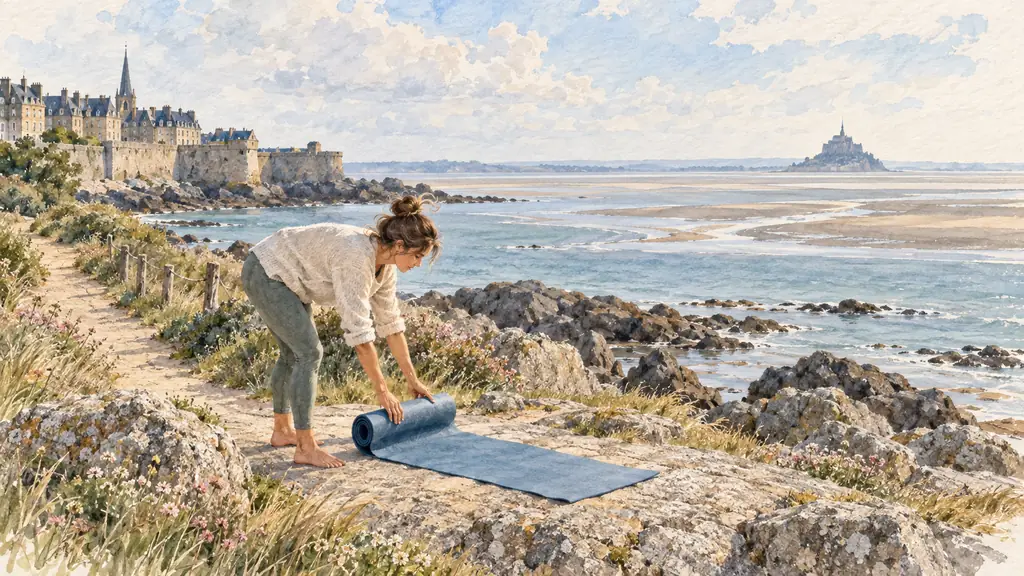 Woman unrolling a yoga mat beside the granite coast near Saint-Malo, with the tidal bay of Mont-Saint-Michel and a section of coastal footpath visible, natural editorial photography, no text, no logo