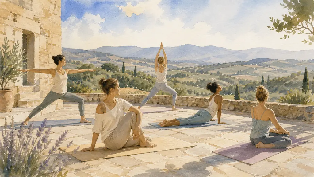 Women practicing Hatha yoga on a stone terrace in the Drôme Provençale, open mountain landscape, yoga mats and morning sunlight, editorial photography, no text, no logo