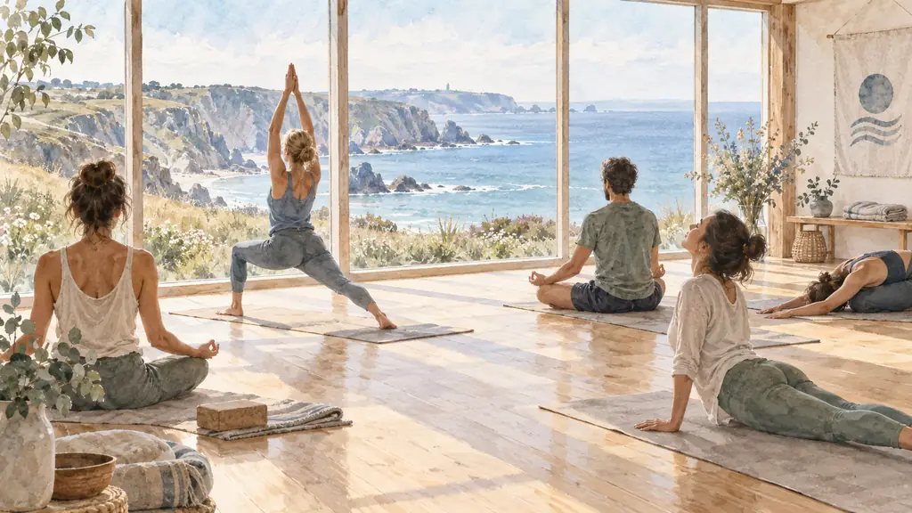 small yoga group practicing inside a bright shala in Brittany, with mats arranged beside large windows overlooking the Crozon coastline