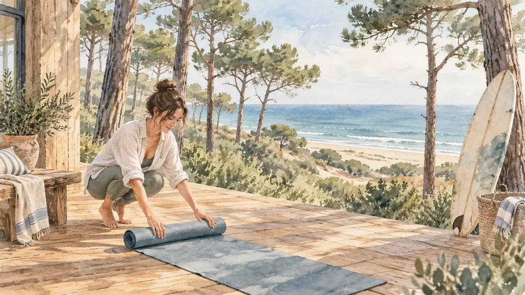 woman unrolling a yoga mat on a wooden terrace among Landes pine trees, with a surfboard resting nearby and the Atlantic Ocean visible in the distance