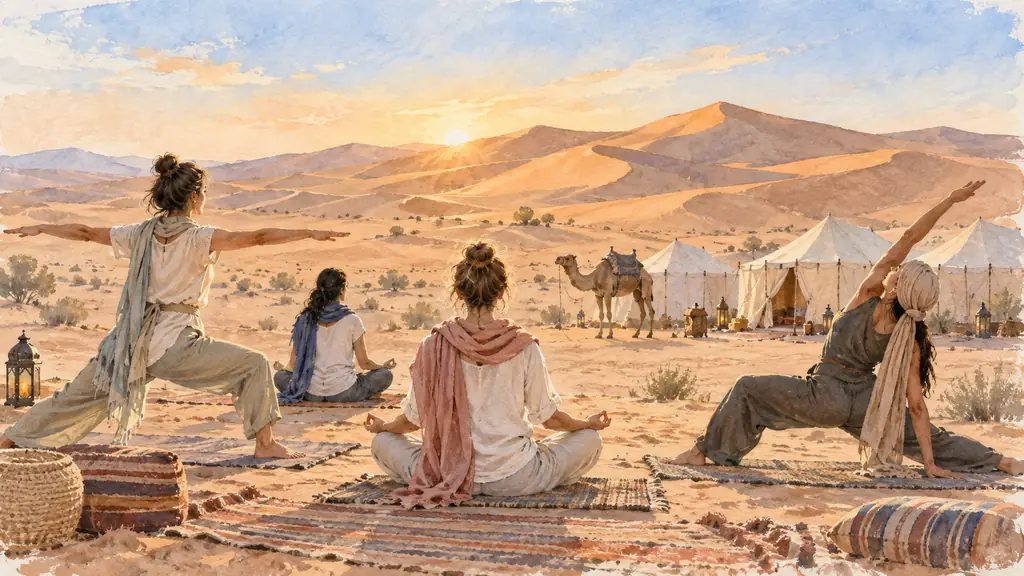 Women practicing sunrise yoga on a desert camp mat near Chegaga dunes, with a dromedary and canvas bivouac tents in the background, editorial travel photography, no text, no logo
