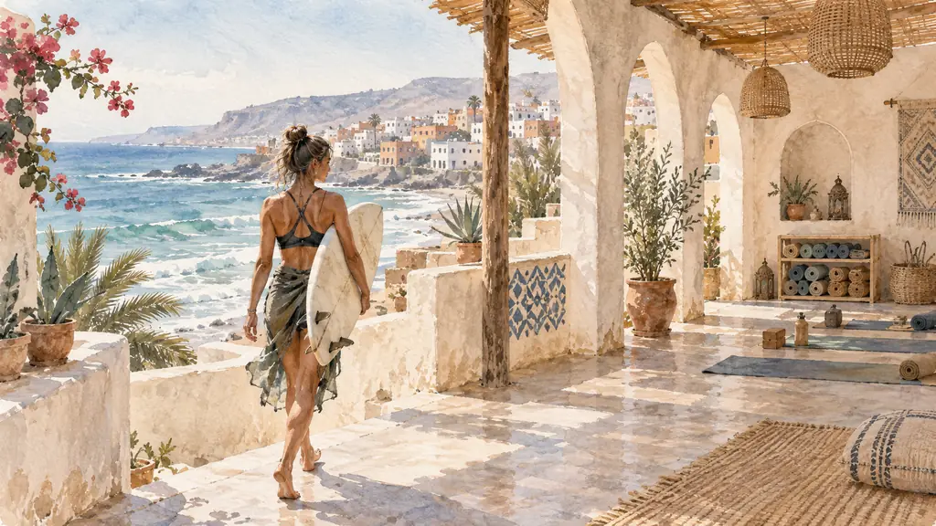 Woman carrying a surfboard beside an open-air yoga shala in Taghazout after a Vinyasa session, Atlantic Ocean in the background, editorial travel photography, no text, no logo