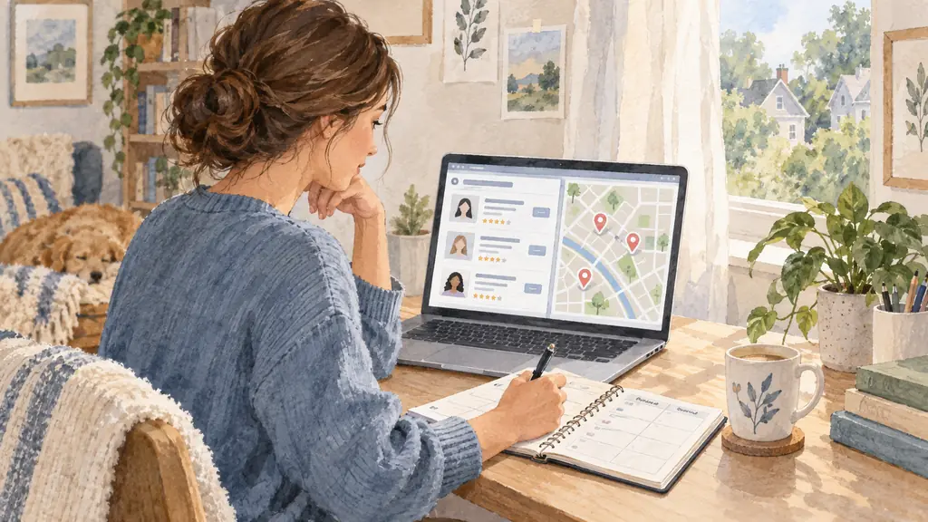 Woman comparing a professional directory and a local map on her laptop while noting appointment times in a paper planner, calm home setting