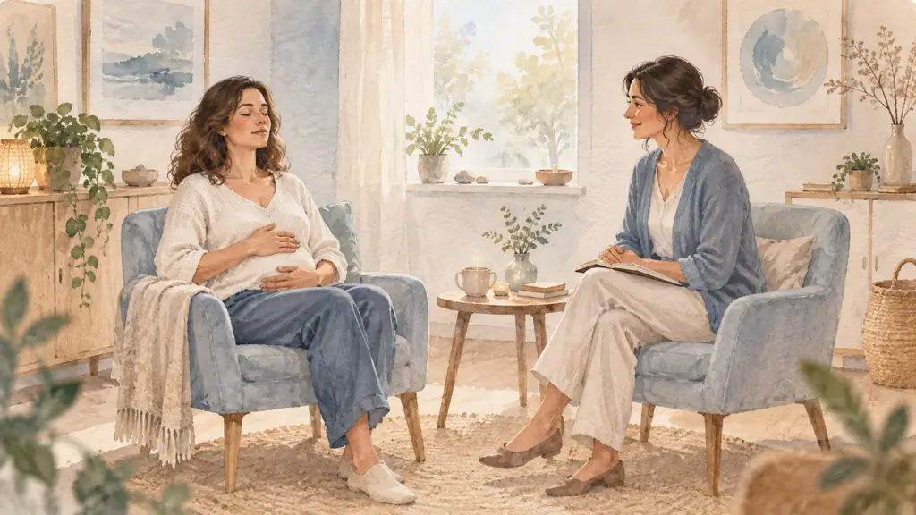 Woman seated in a quiet sophrology office practicing guided breathing with one hand on her abdomen, a practitioner listening nearby and two chairs arranged for the closing discussion