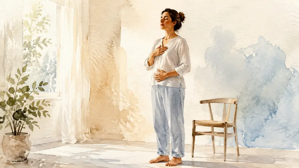 Editorial photograph of a woman standing barefoot with both feet grounded, one hand resting on her abdomen as she practices slow breathing beside a simple chair, soft natural daylight, no text, no logo