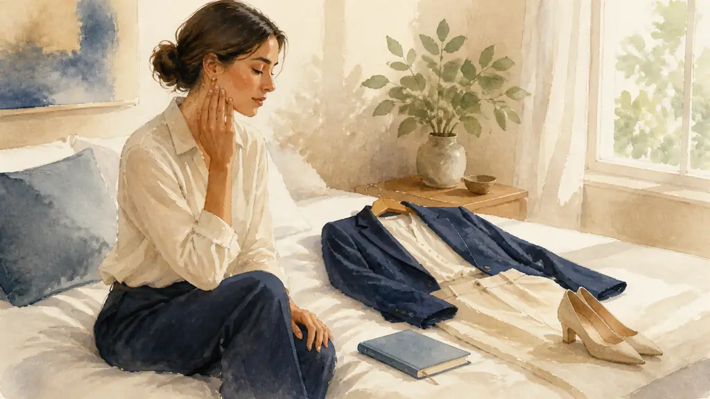 Editorial photograph of a woman preparing for a job interview at home, seated beside a neatly arranged outfit, gently relaxing her jaw while looking at a closed notebook, soft natural daylight, no text, no logo