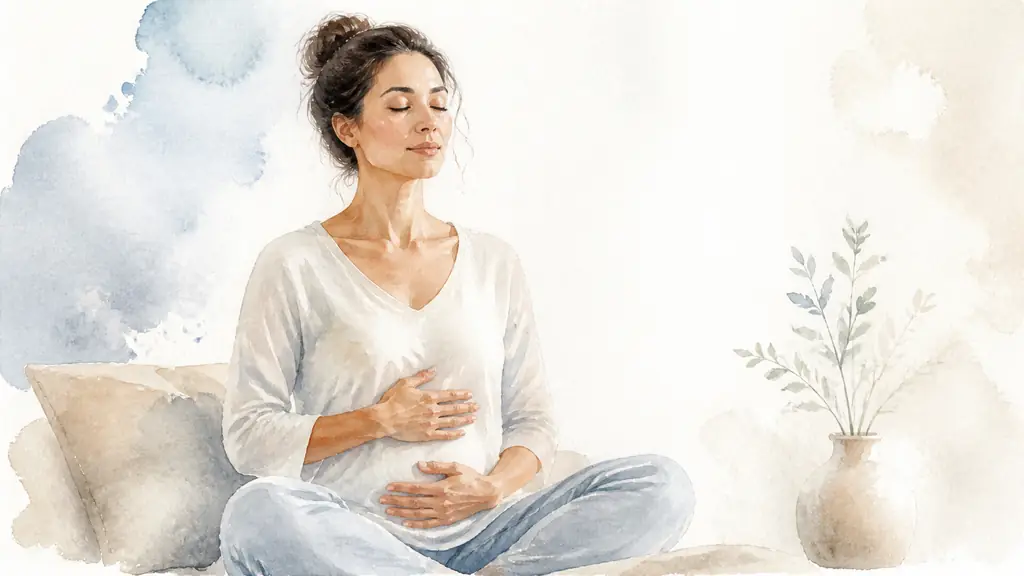 Editorial photograph of a seated woman with eyes closed, one hand on her abdomen while practicing diaphragmatic breathing, shoulders relaxed during a gentle movement, no text, no logo