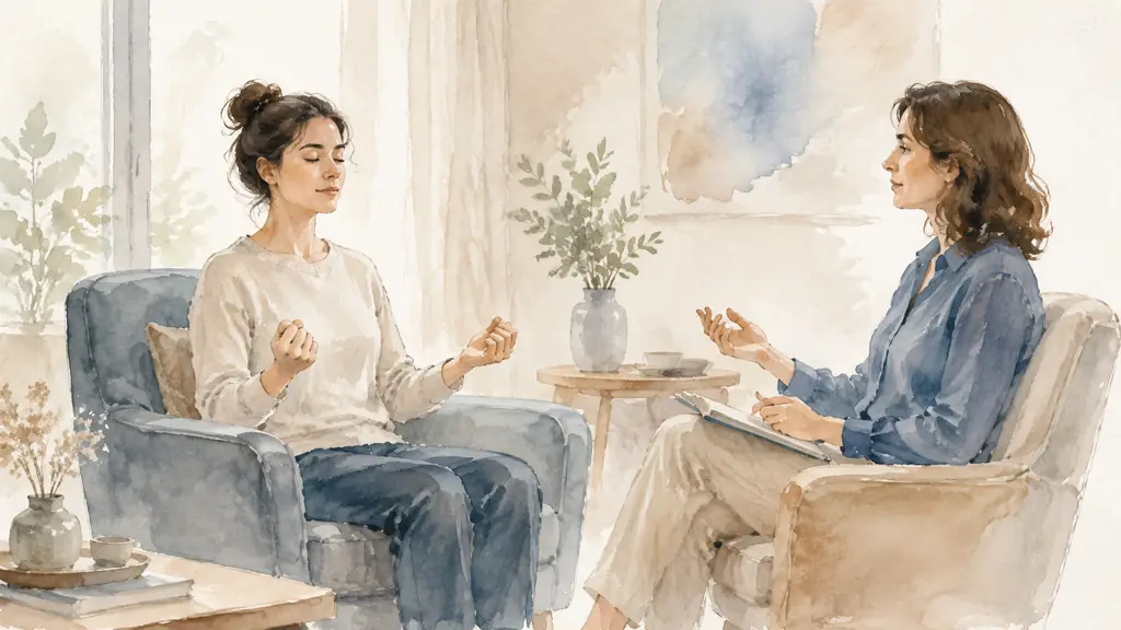 Editorial photograph of a seated woman gently contracting and releasing her hands while a sophrologist guides her from a nearby chair, both fully clothed with no physical contact, no text, no logo