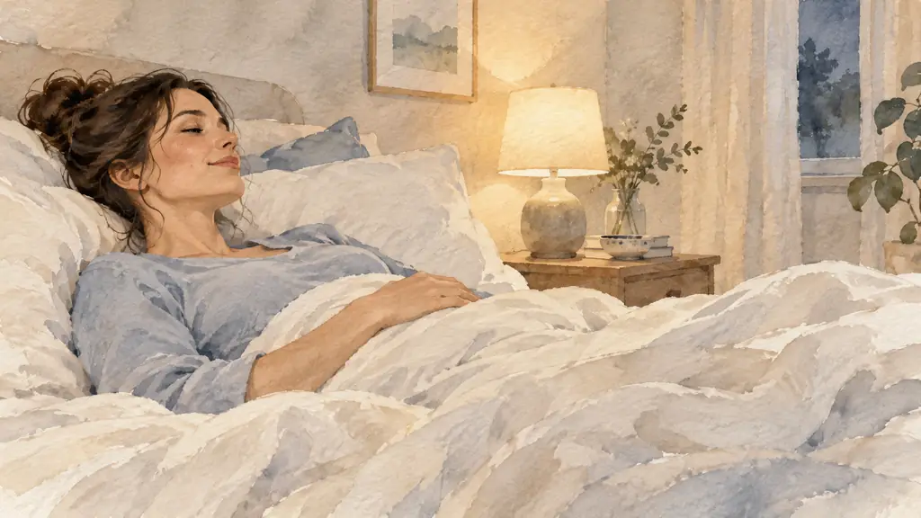 Woman lying comfortably on her back in bed, one hand on her abdomen, shoulders relaxed, soft bedside light and calm bedroom atmosphere