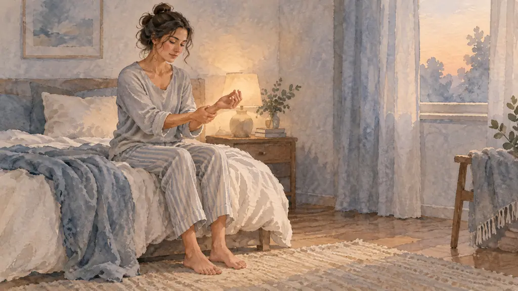 Editorial photograph of a woman seated on the edge of her bed, feet grounded, gently loosening her wrists and shoulders in a dimly lit bedroom