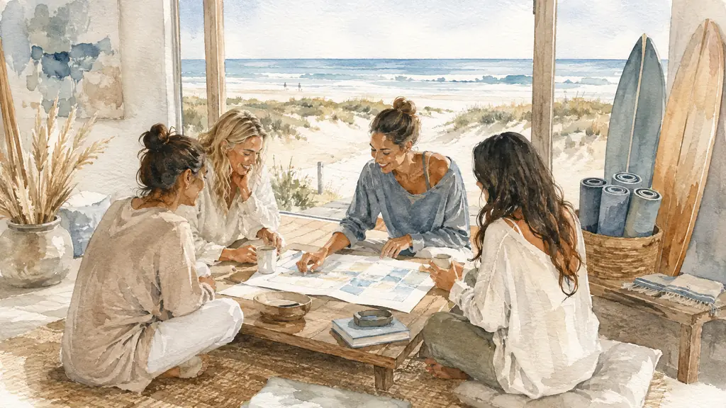 Small women’s yoga group reviewing a retreat schedule beside rolled yoga mats and surfboards in a peaceful Lacanau beach house, Atlantic coast visible through the windows, natural editorial photography