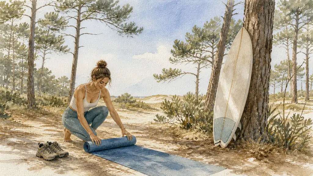 Woman rolling out a yoga mat in a Landes pine clearing near the Atlantic coast, surfboard resting against a tree and hiking shoes beside the mat, natural editorial photography