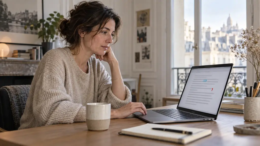 editorial photograph of a woman reviewing a professional email on a laptop, examining a highlighted accent correction and a misplaced comma, no readable text, no logo