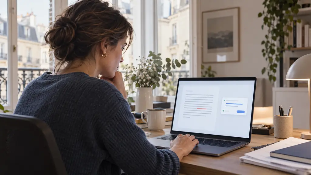 editorial photograph of a woman pasting a client email into an online checker, reviewing an underlined verb and clicking an agreement suggestion, no readable text, no logo