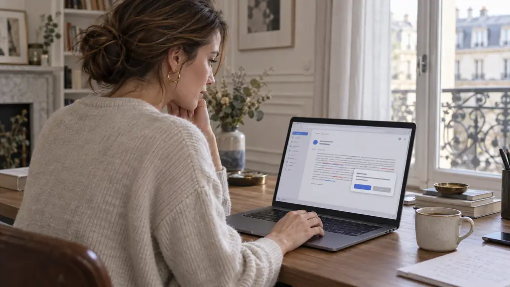 Editorial photograph of a woman reviewing a professional email on a laptop, colored correction underlines visible without readable text, one hand choosing between accept and ignore suggestions, no logos
