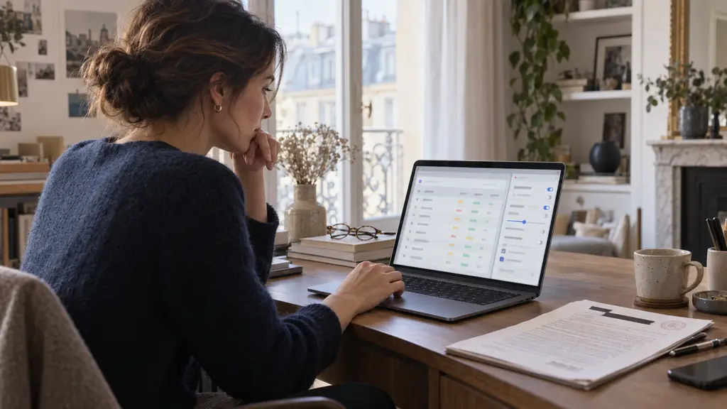 Editorial photograph of a professional comparing a nine-row correction software table on a laptop, with a confidential document beside it and browser extension settings open, no readable text, no logos