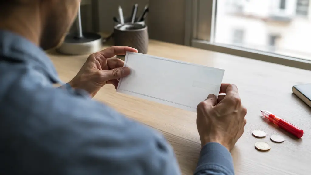Close-up editorial photograph of a person reviewing a blank bank cheque beside euro coins and a red correction pen, natural office light, no visible text or logo