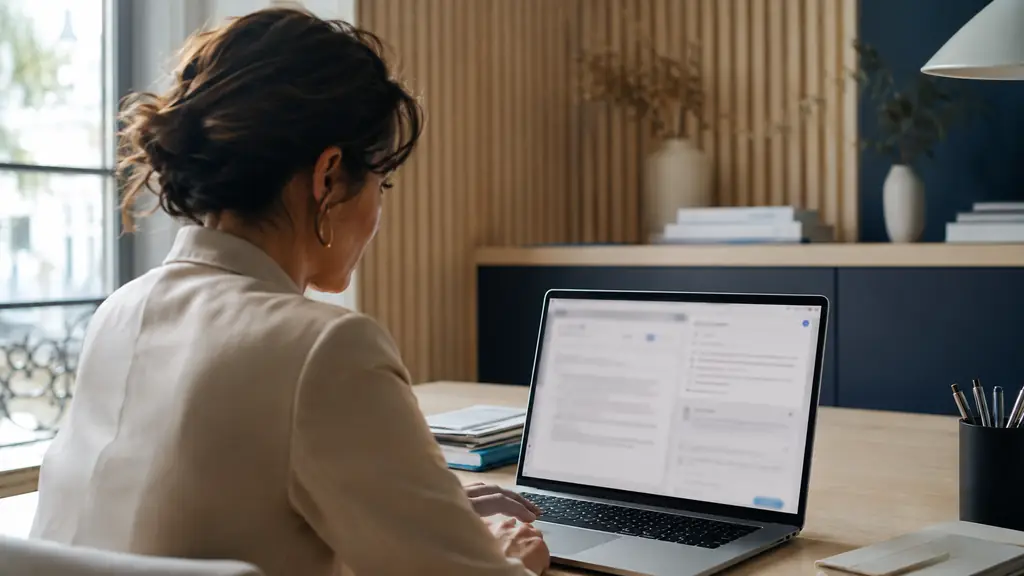 Editorial photograph of a professional reviewing an email draft in a web browser with a correction extension and a translation pane open, customer name replaced by initials, screen text blurred and unreadable, no logo