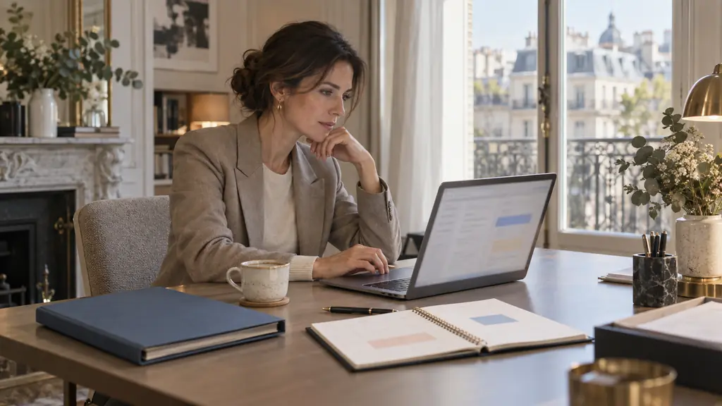 A professional woman at an office desk reviewing an email containing meeting availability, with a completed client file and a calendar open to an afternoon appointment, no visible text or logos