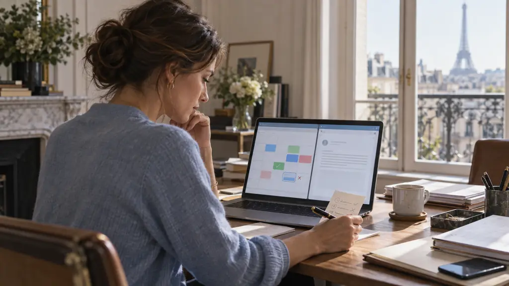 A professional woman checking a meeting calendar beside an email draft, with a handwritten note comparing a confirmed appointment and a conditional availability, no visible text or logos